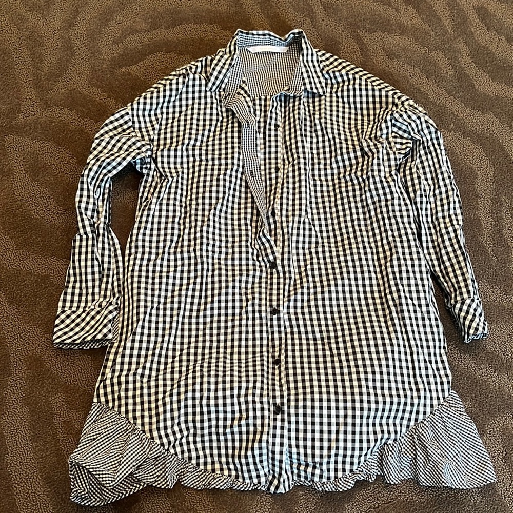 Checker button down dress with ruffle
